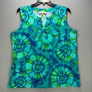 Jones NY Top Women's 3X Plus Blue Tie Dye Sleeveless Embellished Boho Hippie